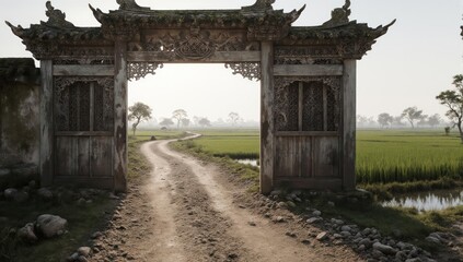 Ornate wooden gate over a dirt road, leading into a green field