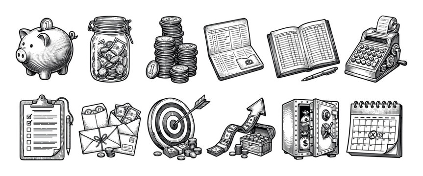 Large set of finance icons in a vintage black and white engraved style showing a piggy bank, safe, money, and calendar for business, banking, and investment concepts
