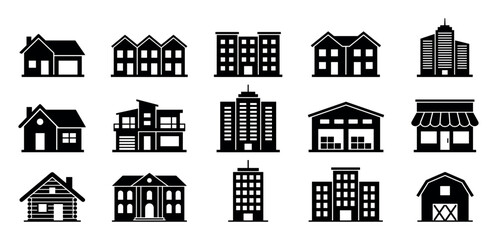 Fototapeta premium Collection of black building icons representing various types of architecture, including residential houses, apartments, skyscrapers, a warehouse, a store, and a barn