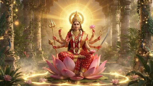 Golden goddess durga, multi-armed and serene, sits on a lotus symbolizing chaitra navratri in ancient ruins.