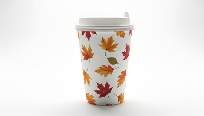 Paper coffee cup adorned with a festive pattern of colorful autumn maple leaves.