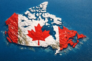 Artistic aerial view of Canada shaped map with a vibrant flag design overlaid, symbolizing national pride and identity.