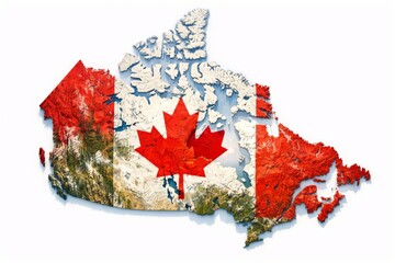 An artistic representation of Canada featuring a textured map overlay with the Canadian flag colors and a prominent maple leaf.