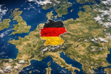 An aerial view of Europe highlighting Germany with its national colors of black, red, and gold against a vibrant landscape.