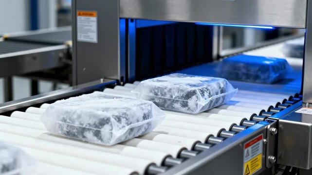 Medium shot of conveyor belt with frozen packages passing through metal detector at checkpoint highlighting inspection process for foreign object detection.
