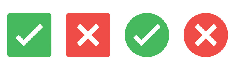 Obraz premium Check mark icon button set. Check box icon with right and wrong buttons and yes or no checkmark icons in green tick box and red cross. Green checkmark and red x sign. Symbols of approval and Decline.