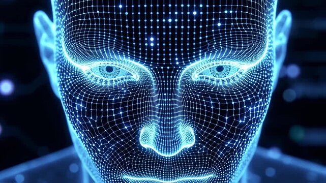 Futuristic digital human face illustration with glowing blue eyes and intricate circuitry details in a dark technological environment from a frontal viewpoint