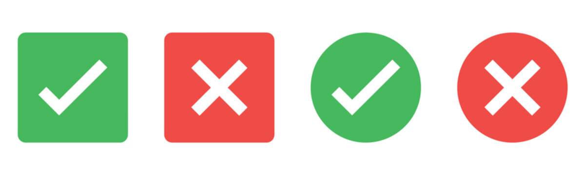 Check mark icon button set. Check box icon with right and wrong buttons and yes or no checkmark icons in green tick box and red cross. Green checkmark and red x sign. Symbols of approval and Decline.