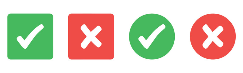 Obraz premium Check mark icon button set. Check box icon with right and wrong buttons and yes or no checkmark icons in green tick box and red cross. Green checkmark and red x sign. Symbols of approval and Decline.