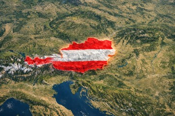 A striking aerial view of Austria, with the country's shape highlighted in red and white against a green and mountainous backdrop.