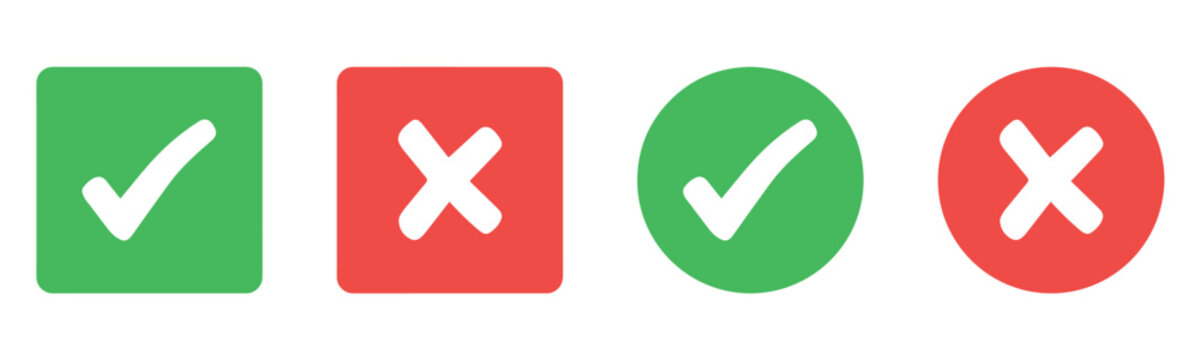 Check mark icon button set. Check box icon with right and wrong buttons and yes or no checkmark icons in green tick box and red cross. Green checkmark and red x sign. Symbols of approval and Decline.