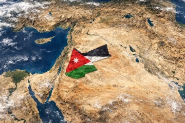 Aerial view of Jordan featuring its flag blended with the landscape, showcasing the desert and Mediterranean coastline.
