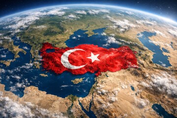 An aerial view of Turkey showcasing its iconic flag superimposed on the landscape, symbolizing national pride and unity.