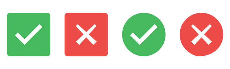 Obraz premium Check mark icon button set. Check box icon with right and wrong buttons and yes or no checkmark icons in green tick box and red cross. Green checkmark and red x sign. Symbols of approval and Decline.