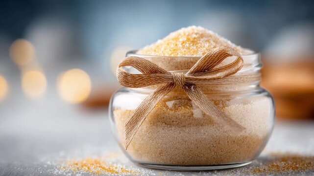 Golden grains of Sugar: An enticing jar of granulated sugar, crowned with a delicate ribbon, captures the essence of sweetness, invoking feelings of warmth and comfort.