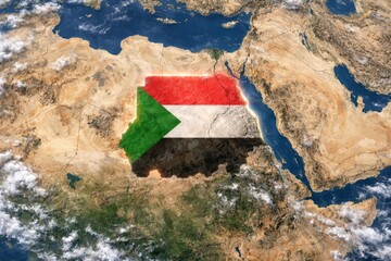 Aerial view of Sudan highlighted with its national flag, showcasing the geographical features of northeastern Africa.