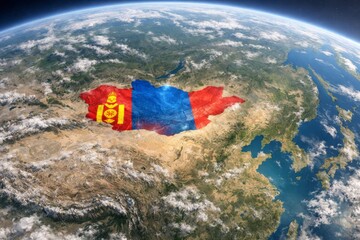Aerial view of Mongolia with the national flag blending seamlessly into the landscape, showcasing colors of blue and red.