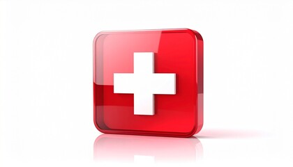 Obraz premium Glossy red square button with white medical cross symbol centered on plain background.