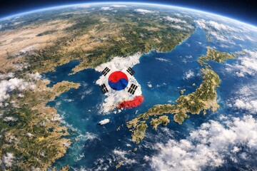 An artistic representation of South Korea seen from space, featuring the national flag creatively blended with the landscape.