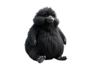 A black furry animal sits upright on its hind legs, offering a curious gaze