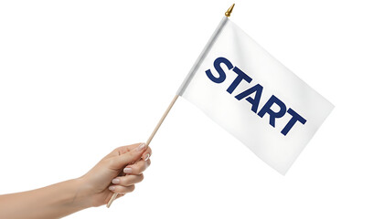 Hand holds a small white flag with the word 'START' in bold blue letters, symbolizing the beginning.