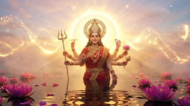 Goddess durga appears in a golden glow, standing in water with lotus flowers for chaitra navratri.