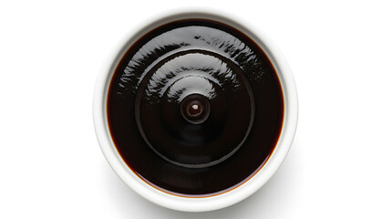 Swirl of dark, glossy sauce in a white bowl, rich and smooth, perfect for dipping or as a topping.