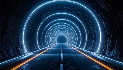 Black and white tunnel with concentric ceiling lights and dashed road lines leading to vanishing point.