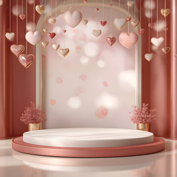 image shows a festive scene with a pink podium in the center, surrounded by hanging heart-shaped decorations and flowers in vases. Romantic and realistic 