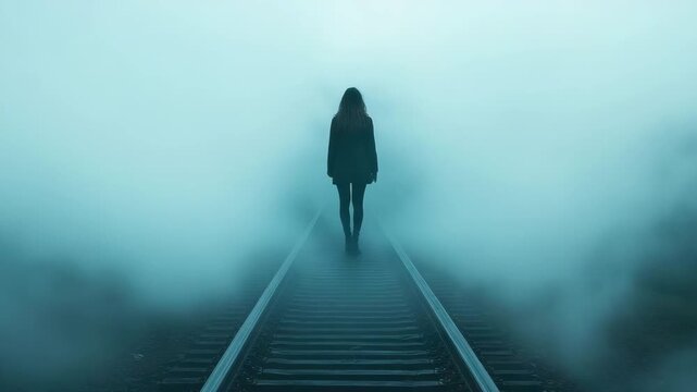 Solitary person walks along railroad track disappearing into thick, turquoise mist, conveying unknown journey and ethereal tranquility