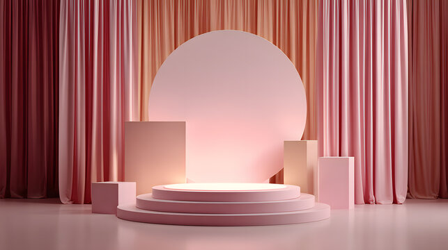 The image shows a festive scene with a white podium in the center, surrounded by hanging heart-shaped decorations and flowers in vases. The background features a soft, blurred light that creates a war