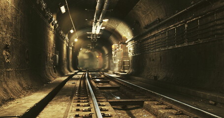 A narrow underground rail tunnel features metal tracks disappearing into the distance. The dim lighting along the walls enhances the atmosphere of this urban transit route. © icetray