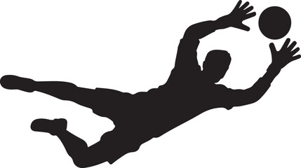 Silhouette of a soccer goalkeeper diving to catch the ball in a dynamic pose.