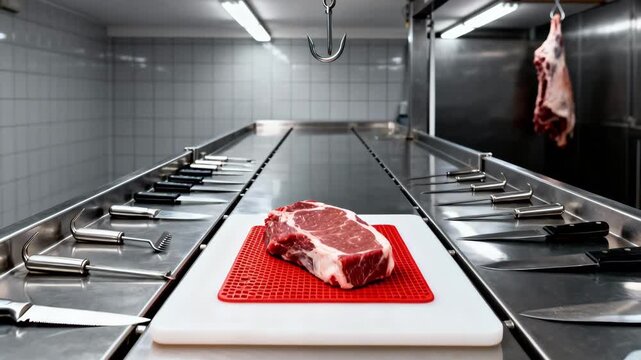 Medium shot focusing on organized tools and clean surfaces along a singlerail evisceration table showcasing meticulous preparation and safety in meat processing.