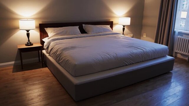 Cozy bedroom video scene with a modern style. Low-angle shot highlights a neatly made bed, warm lighting, and wooden flooring for a serene ambiance.