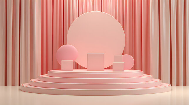 The image shows a festive scene with a white podium in the center, surrounded by hanging heart-shaped decorations and flowers in vases. The background features a soft, blurred light that creates a war