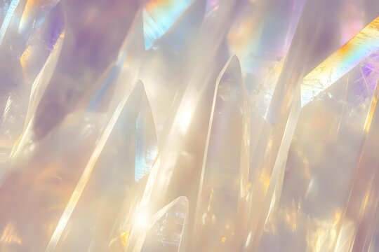 Golden hour lighting on iridescent crystal shards creating a warm glow with multi colored reflections and sharp geometric silhouettes for artistic posters and high end fashion editorial backgrounds
