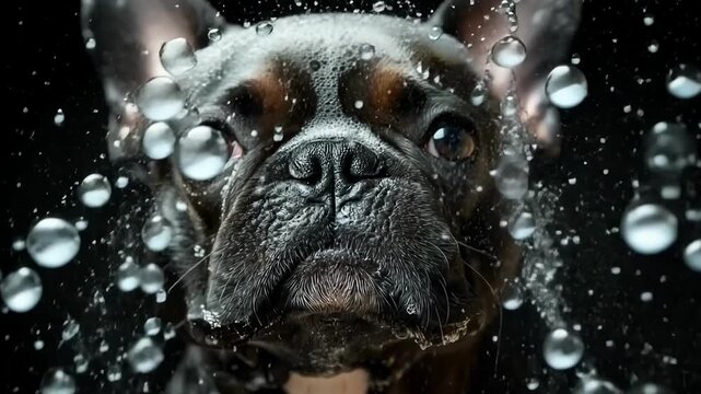 Dog splashes through water creating bubbles in a fun indoor setting during playtime