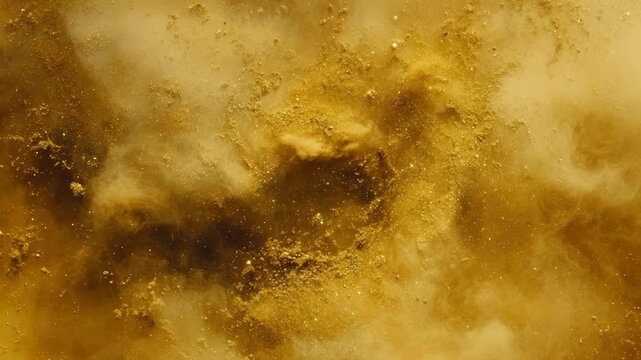Abstract golden-brown liquid with particulate matter and swirling textures. Sparkles, ethereal clouds
