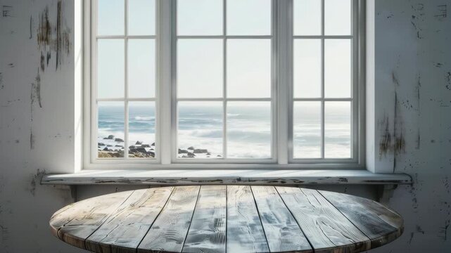 Serene ocean view through rustic window frame with wooden table