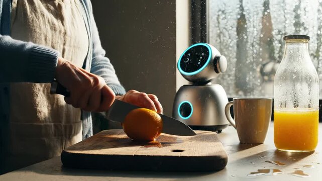Woman cuts orange on kitchen board with robot watching nearby. Person prepares breakfast with orange juice and coffee. Woman slices orange near robot in kitchen. Breakfast preparation with robot.