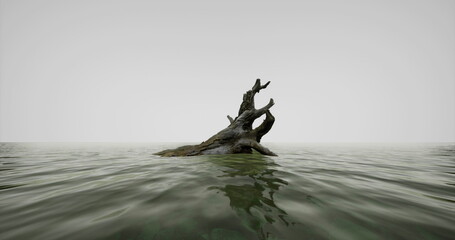 Lonely driftwood in gray sea, weathered log anchored against gentle ripples, overcast sky, broad negative space, reflective water surface conveying © icetray