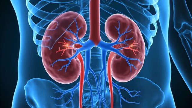 Detailed 3D rendering of human renal anatomy showcasing kidneys with intricate blood vessels, arteries, veins, and urinary system integrated into a luminous skeletal framework and genetic