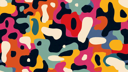 Vibrant abstract pattern features colorful shapes and bold designs on a graphic surface.
