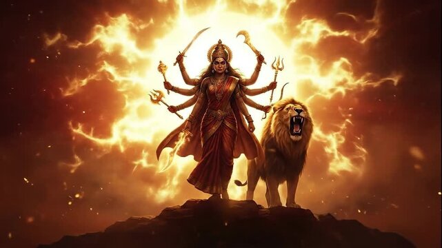 Powerful digital art of goddess durga wielding weapons with her lion, glowing intensely against a fiery orange navratri background.