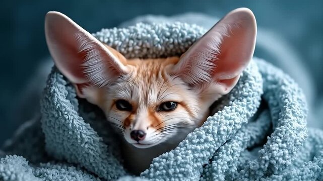 A fennec fox sleeping in a blanket on a blue background