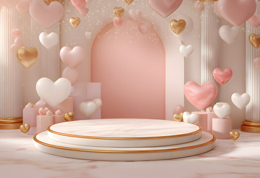 image shows a festive scene with a pink podium in the center, surrounded by hanging heart-shaped decorations and flowers in vases. Romantic and realistic 