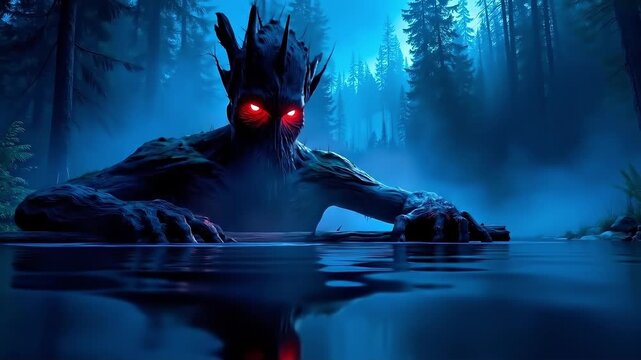 A monster with red eyes in the middle of a forest