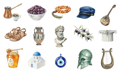 Greek cultural symbols and Mediterranean travel souvenir collection © Ірина Агібалова