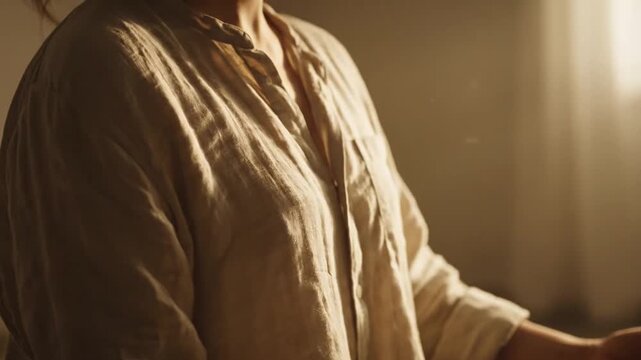 Elegant striped dress shirt with crisp collar and buttoned placket illuminated by soft golden light highlighting fabric texture and subtle folds on the sleeve in a professional setting